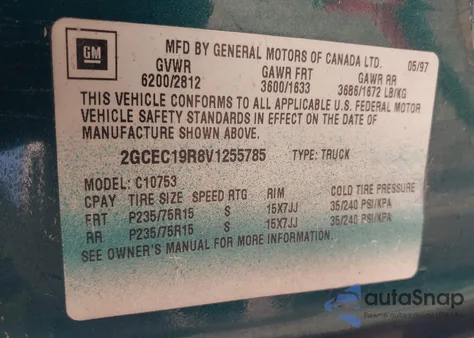 1997 Chevrolet C1500 Fleetside from USA, damaged, VIN 2GCEC19R8V1255785